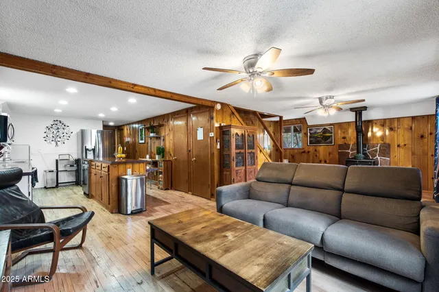 a living room with furniture a ceiling fan and a rug