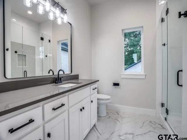 a bathroom with a granite countertop sink a toilet and a mirror