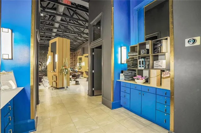 a view of a living room and bathroom
