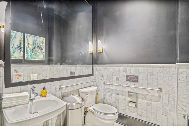 a bathroom with a sink toilet vanity and mirror