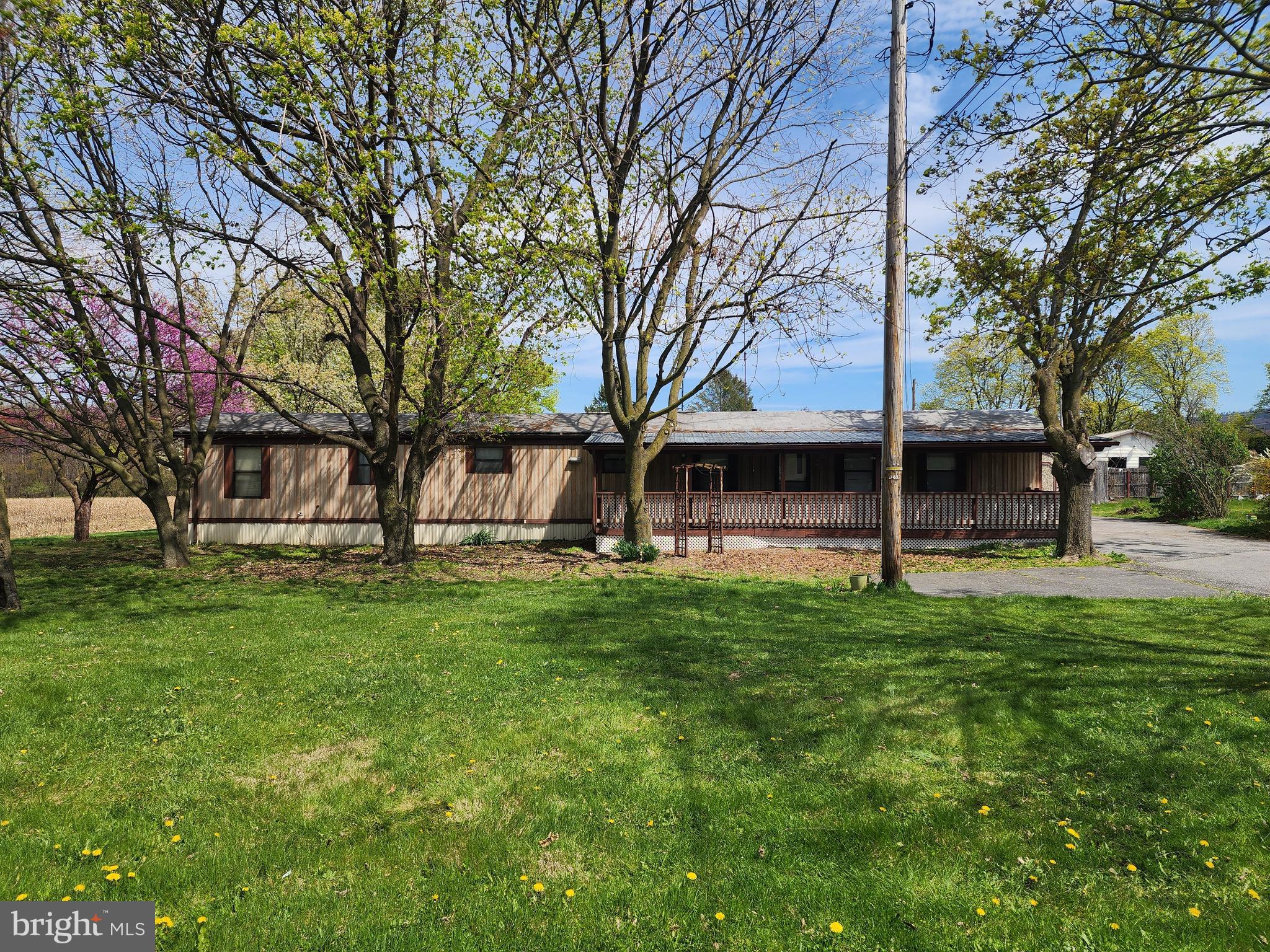 a view of a yard with a house in the background