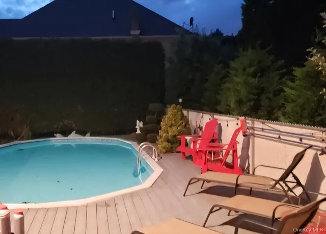 an outdoor space with furniture