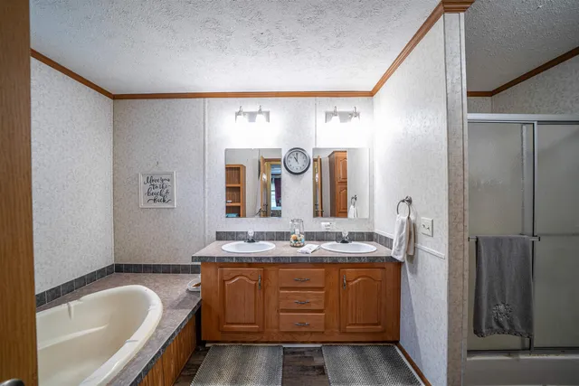 a bathroom with a granite countertop sink and a bathtub