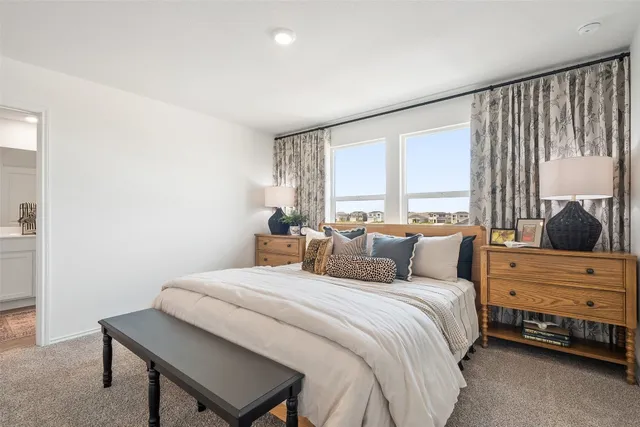 a bedroom with a bed and windows