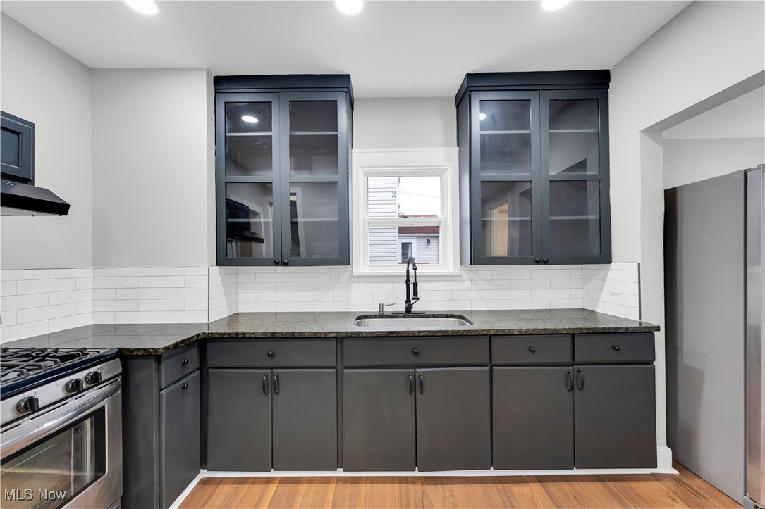 2593 Princeton Road Cleveland, OH 44118 - Photo 19 of 34 Kitchen featuring stainless steel appliances, dark stone countertops, a sink, light wood-type flooring, and backsplash
