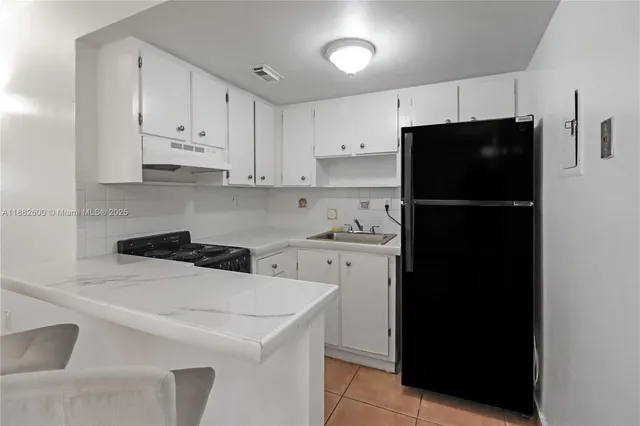 a kitchen with a refrigerator a stove a sink and cabinets