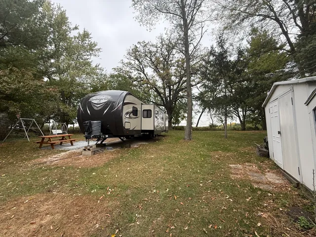 a view of backyard with wooden fence and large trees