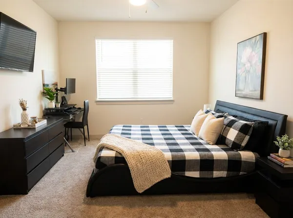a bedroom with a bed and a flat screen tv