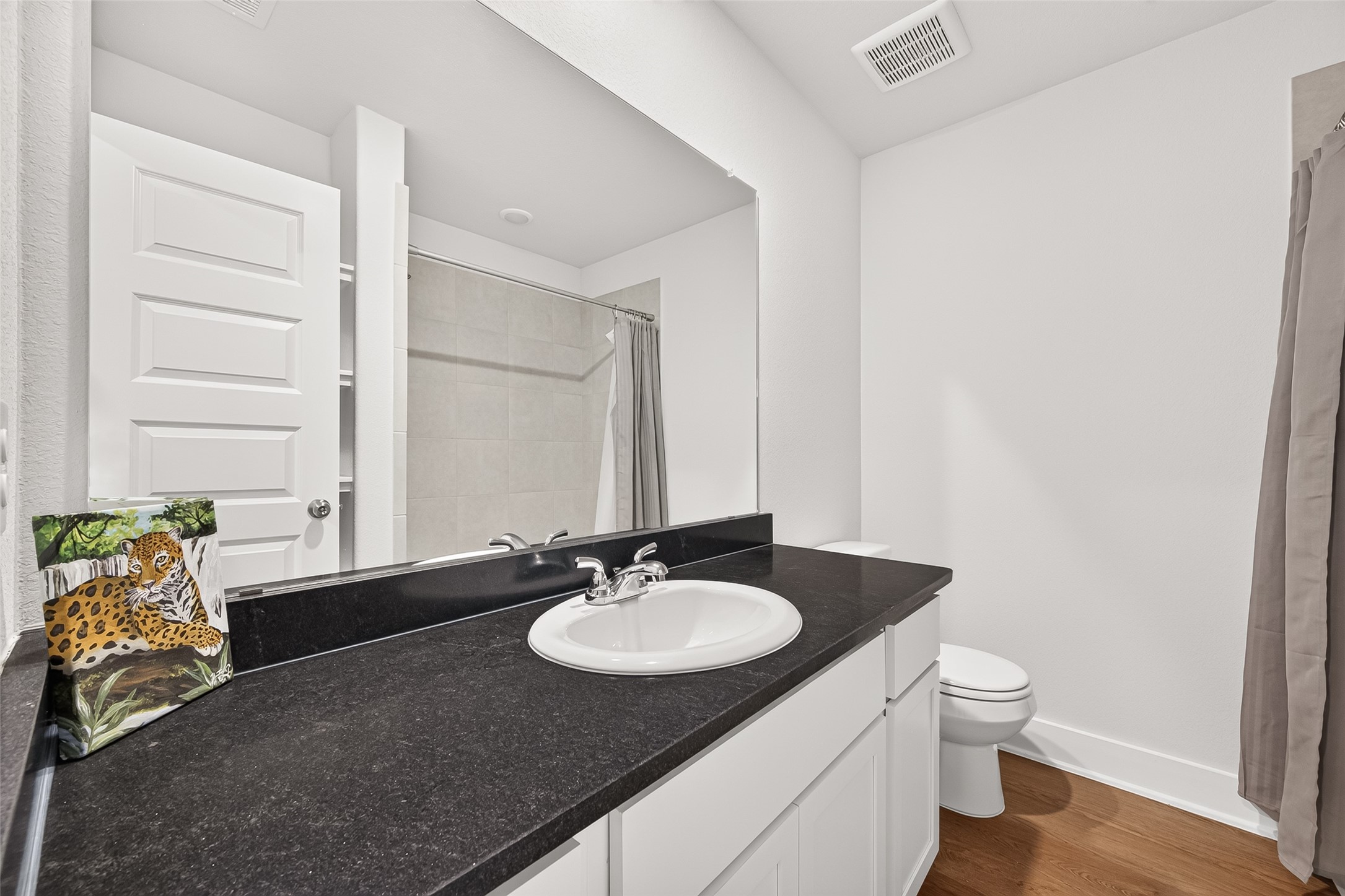 4004 Baja Lane Houston, TX 77045 - Photo 28 of 34 This crisp, contemporary shared bath features a stylish white vanity topped with a sleek black counter and an expansive mirror. Rich vinyl flooring and a bright tub-shower combo make this well-maintained space completely move-in ready.