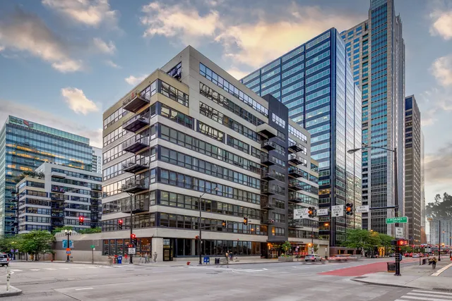 a view of a building and a street