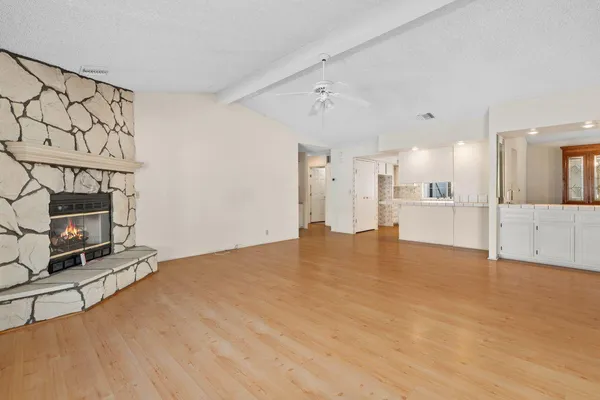 a view of a livingroom with a fireplace