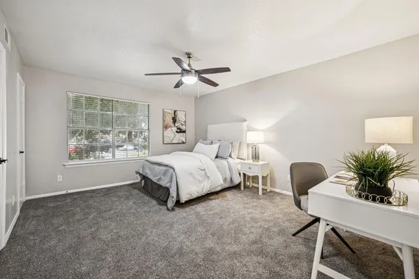 a bedroom with a bed a window and potted plant