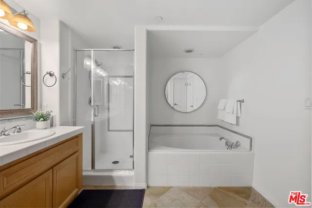 a bathroom with a bathtub a sink a mirror and a shower