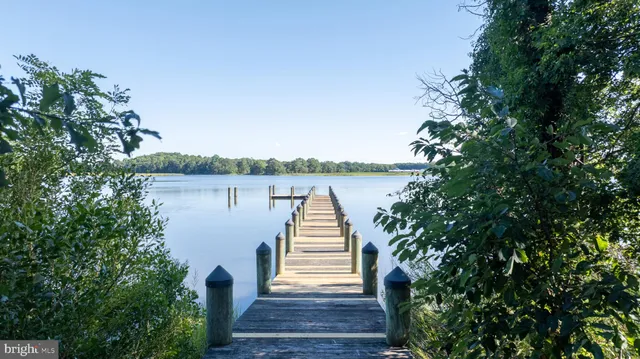 a lake view with a bench next to a yard