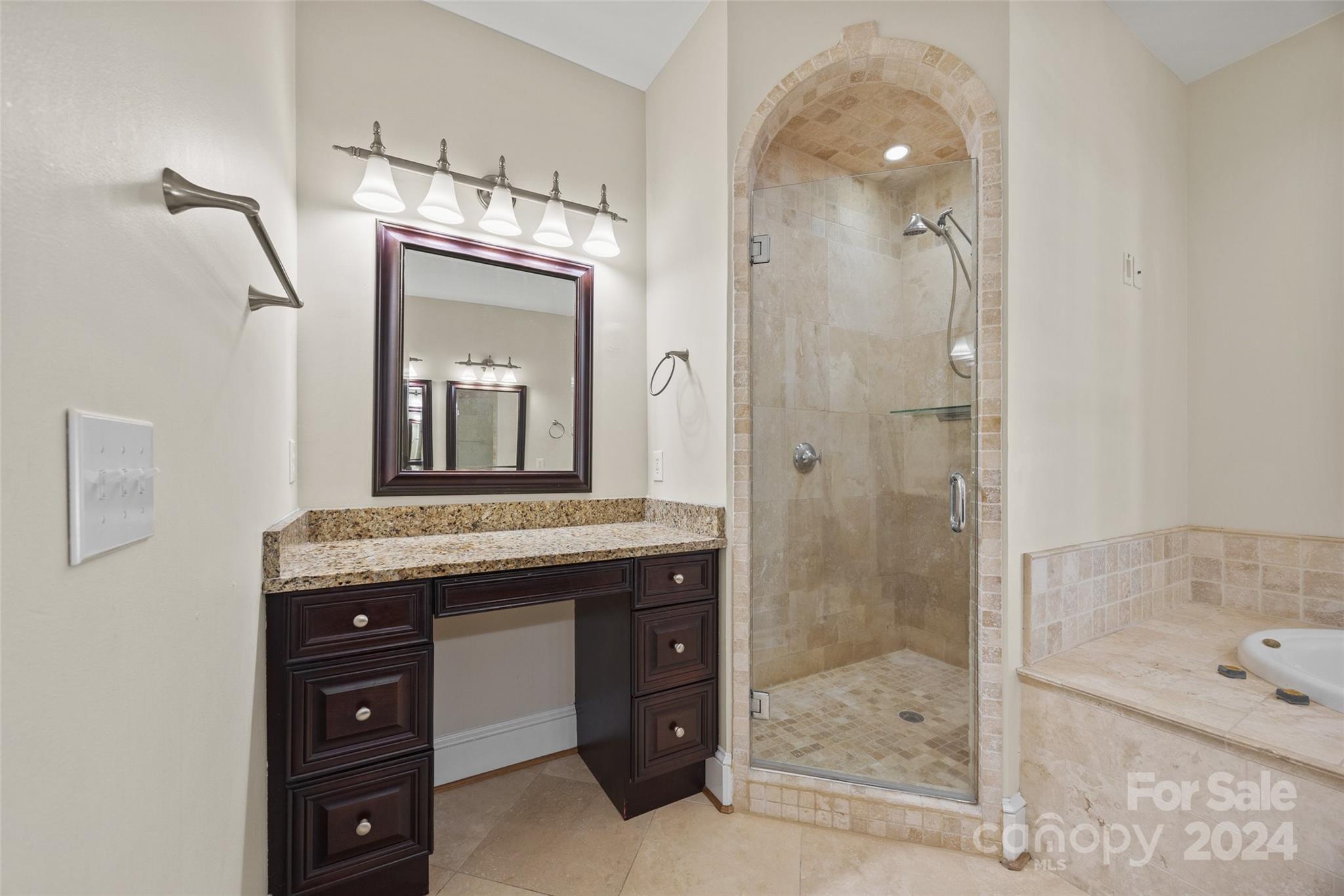 16201 Crest Cove Road Charlotte, NC 28278 - Photo 17 of 48 a bathroom with a granite countertop sink a mirror and shower