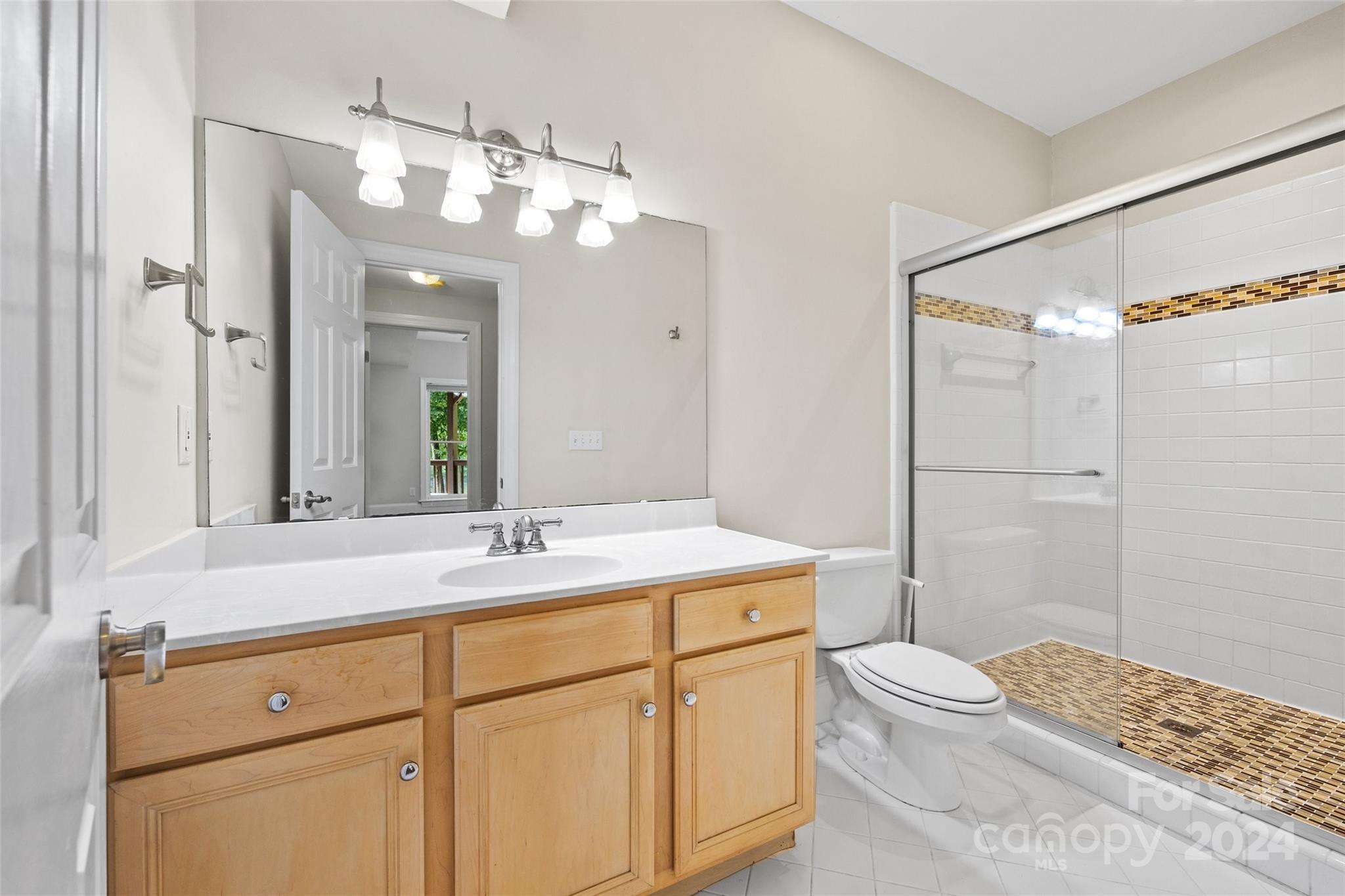 16201 Crest Cove Road Charlotte, NC 28278 - Photo 30 of 48 a bathroom with a sink a toilet and shower