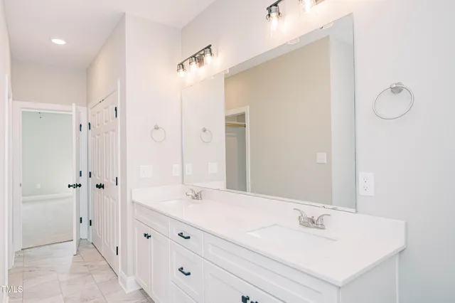 a bathroom with a double vanity sink mirror and shower