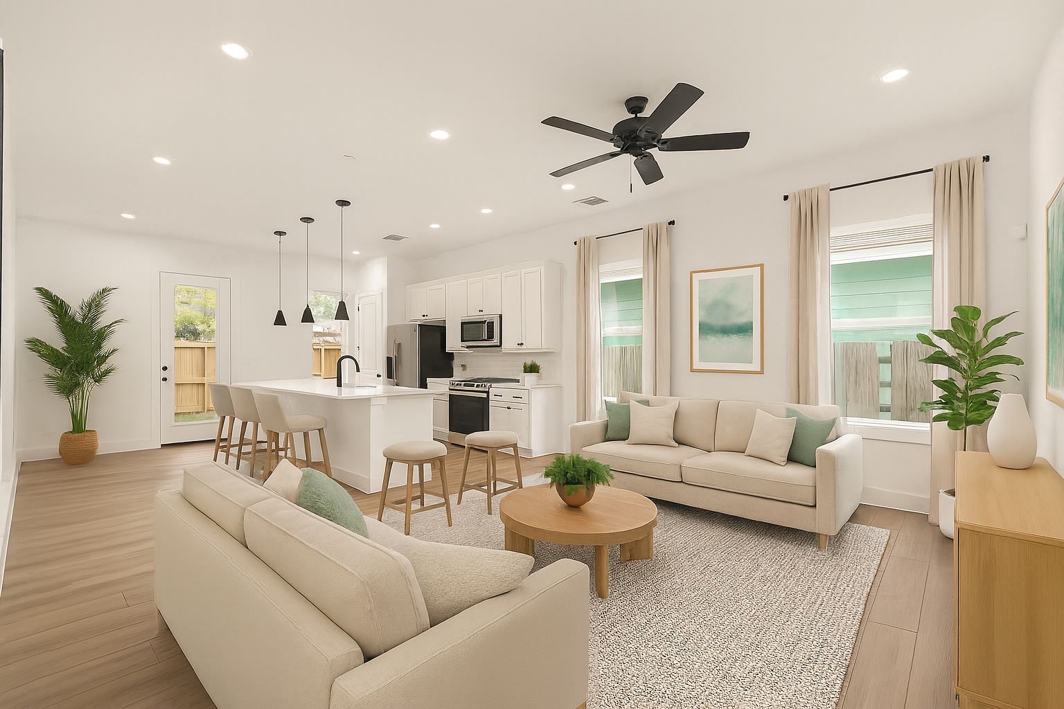 a living room with furniture kitchen view and a potted plant