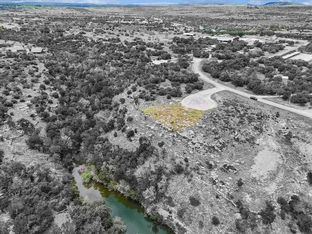 an aerial view of residential houses with outdoor space and trees