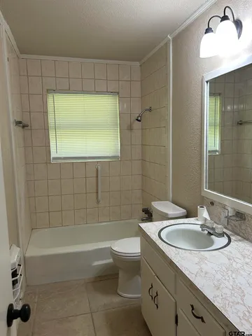 a bathroom with a granite countertop sink a toilet and bathtub