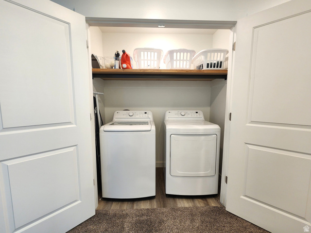 1736 East Fall Street Eagle Mountain, UT 84005 - Photo 13 of 30 Laundry area featuring dark wood-style floors and washing machine and dryer