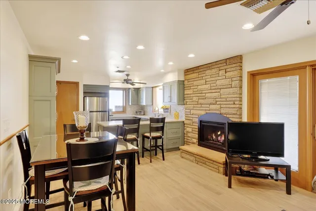 a view of a dining room with furniture