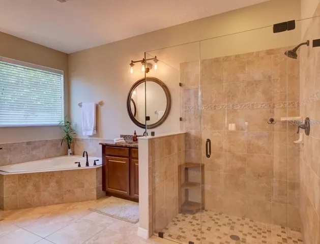 a bathroom with a sink a mirror and a shower