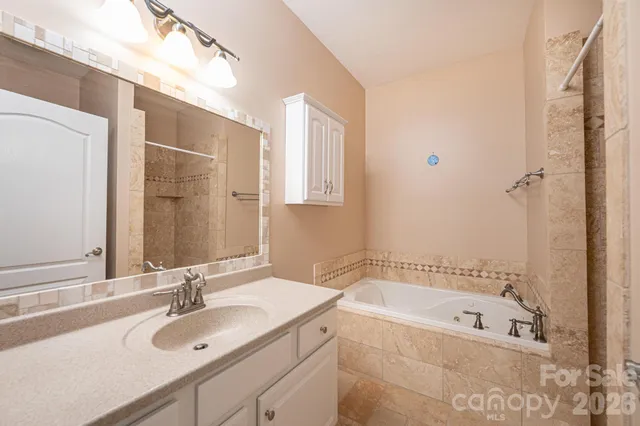 a bathroom with a tub sink and mirror