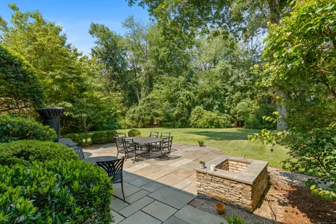 a view of a bench in a garden
