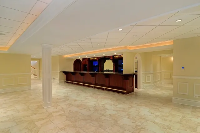 a view of a wooden shelves and closet