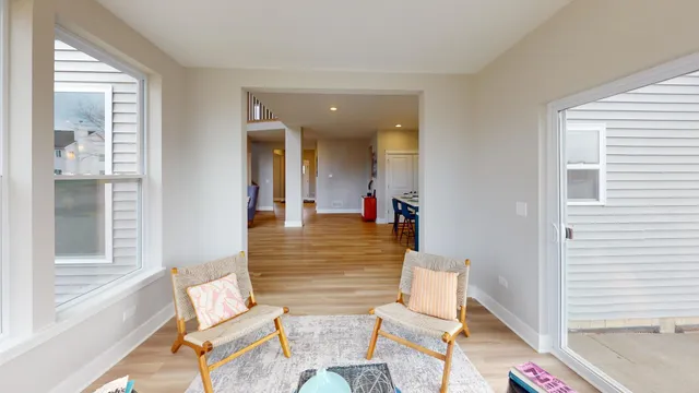 a workspace with furniture and wooden floor