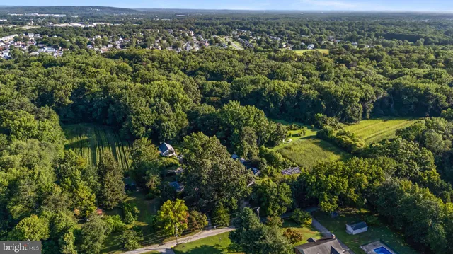 an aerial view of residential houses with outdoor space and trees