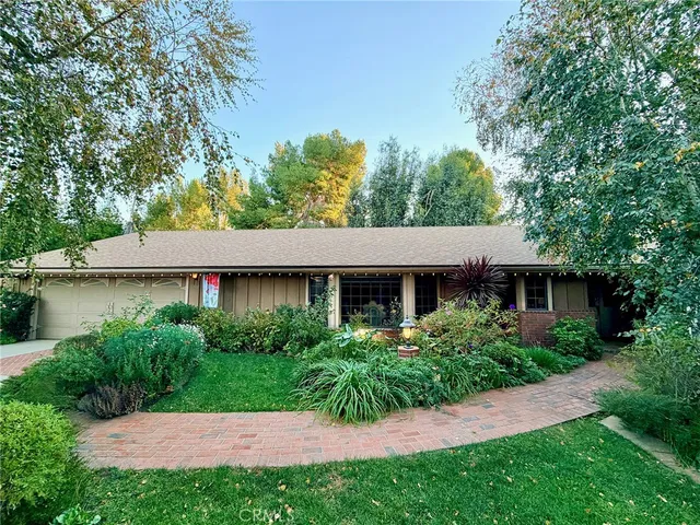 a view of a backyard with potted plants and large tree