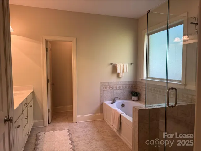 a bathroom with a tub sink and mirror