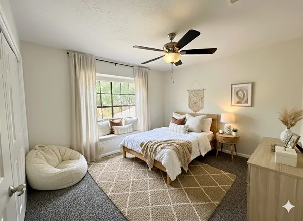 a bedroom with a bed and a couch