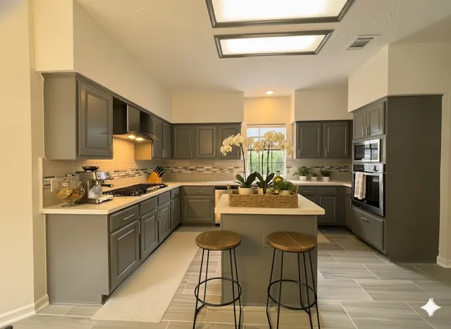 a kitchen with stainless steel appliances granite countertop a sink stove refrigerator and cabinets