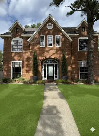 a front view of a house with a garden