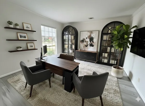 a living room with furniture a rug and a window
