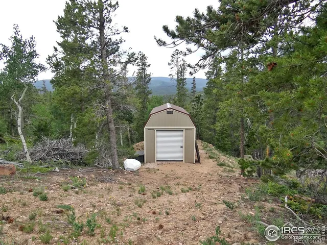 a view of a barn in the middle of a forest