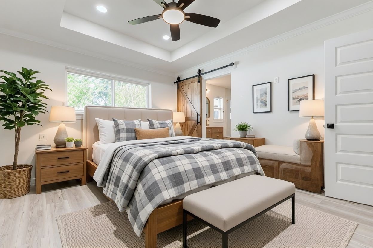 6106 Rutherglenn Drive Houston, TX 77096 - Photo 5 of 43 a bedroom with a large bed and a chandelier