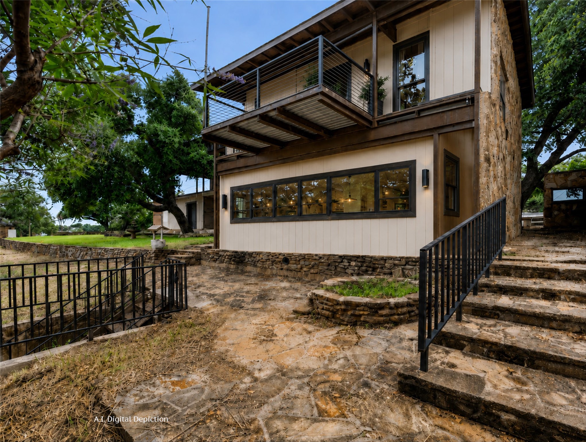 325 Eagle Rest Burnet, TX 78611 - Photo 12 of 40 AI generated photo. Crafted stone steps lead to a charming home featuring a blend of natural stone and smooth siding.