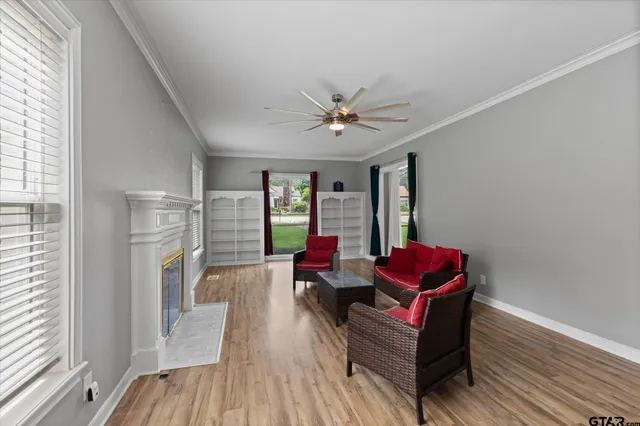 a living room with furniture and a fireplace