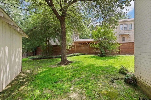 a view of a backyard with plants and large trees