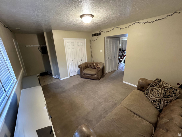 939 South Freedom Boulevard, Unit 13 Provo, UT 84601 - Photo 6 of 26 Carpeted living room featuring a textured ceiling and baseboards