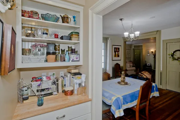 a view of a dining room with furniture