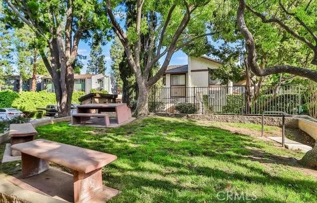 a view of a backyard with table and chairs potted plants and a large tree