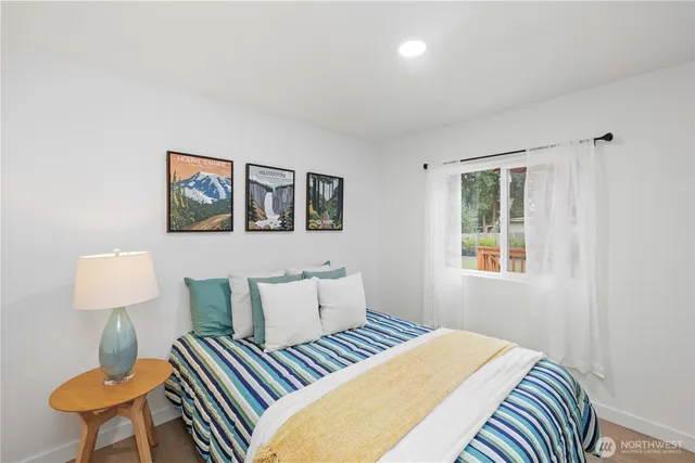 a bedroom with a bed and lamps