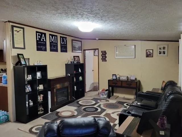 a living room with furniture and cabinets