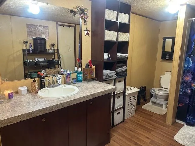 a bathroom with a granite countertop sink a toilet a mirror and shower