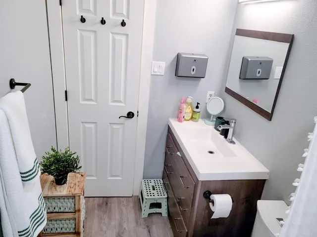 a bathroom with a sink and a mirror